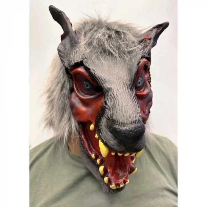 BUĞZ Kafaya Tam Geçmeli Lateks Dişli Ağzı Açık Kurt Maskesi