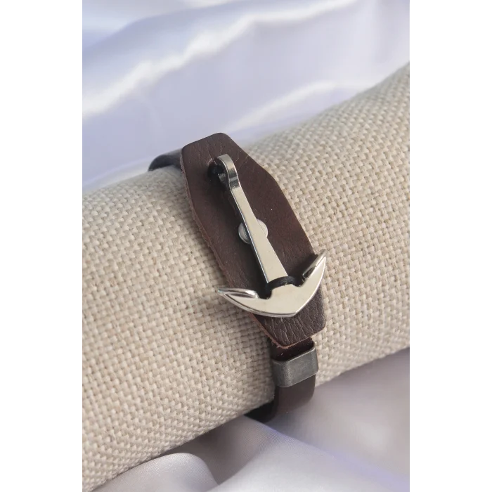 BUĞZ Kahverengi Deri Model Gümüş Renk Çapa Figür Erkek Bileklik