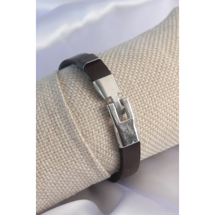 BUĞZ Kahverengi Deri Model Gümüş Renk Çapa Figür Erkek Bileklik - Lisinya