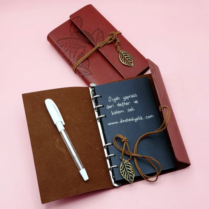 BUĞZ Kahverengi Deri Siyah Yapraklı Defter Ve Beyaz Jel Kalem Seti