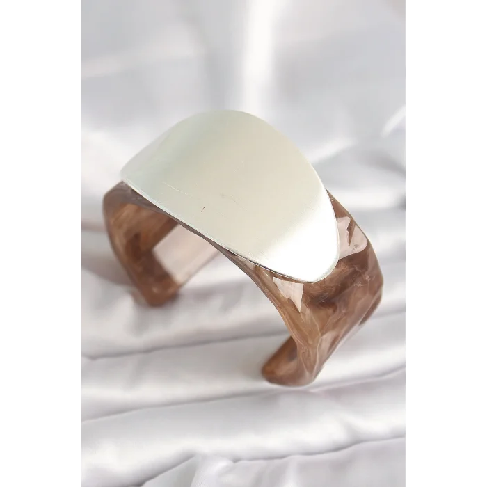 BUĞZ Kahverengi Mermer Desen Akrilik Plastik Gümüş Oval Plaka Model Vintage Kadın Bilezik