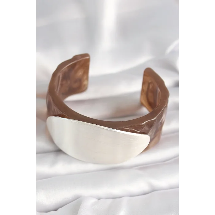 BUĞZ Kahverengi Mermer Desen Akrilik Plastik Gümüş Oval Plaka Model Vintage Kadın Bilezik - Lisinya