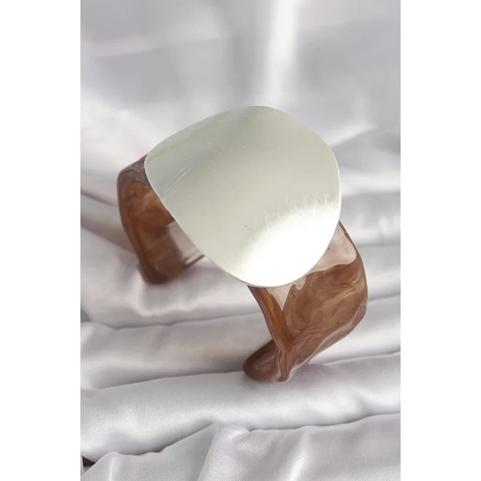 BUĞZ Kahverengi Mermer Desen Akrilik Plastik Gümüş Plaka Model Vintage Kadın Bilezik