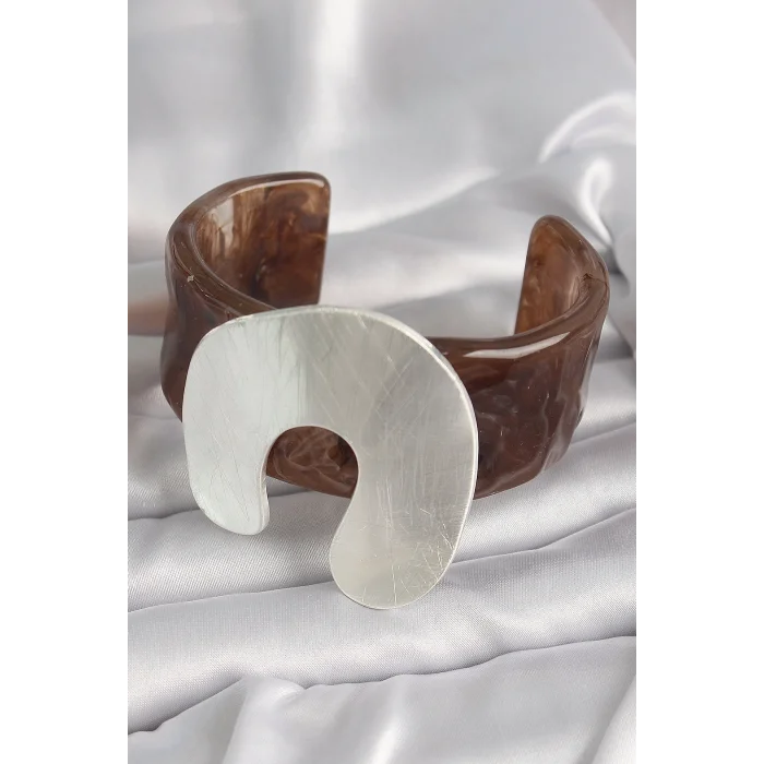BUĞZ Kahverengi Mermer Desen Akrilik Plastik Gümüş Plaka Model Vintage Kadın Bilezik