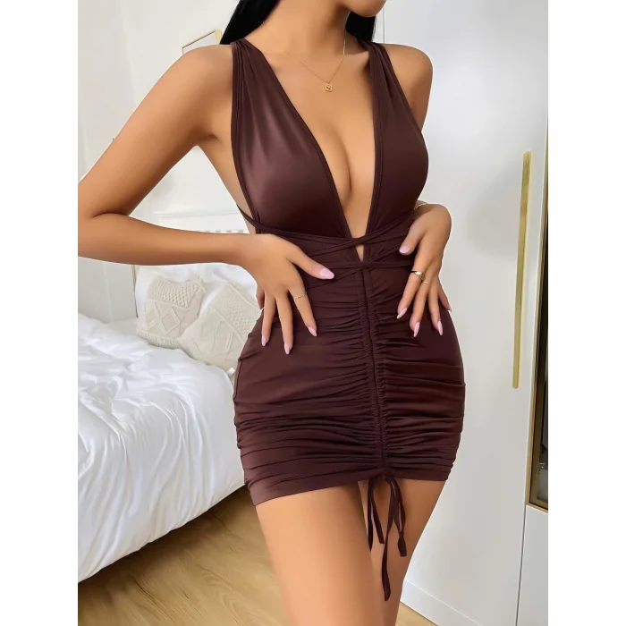 BUĞZ Kahverengi Şık Fantezi Clup Elbisesi 5032