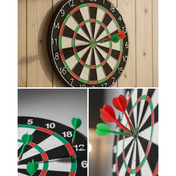 BUĞZ Kaliteli Ahşap Dart Tahtası 12 İnç 4 Adet Metal İğne Uçlu Ok