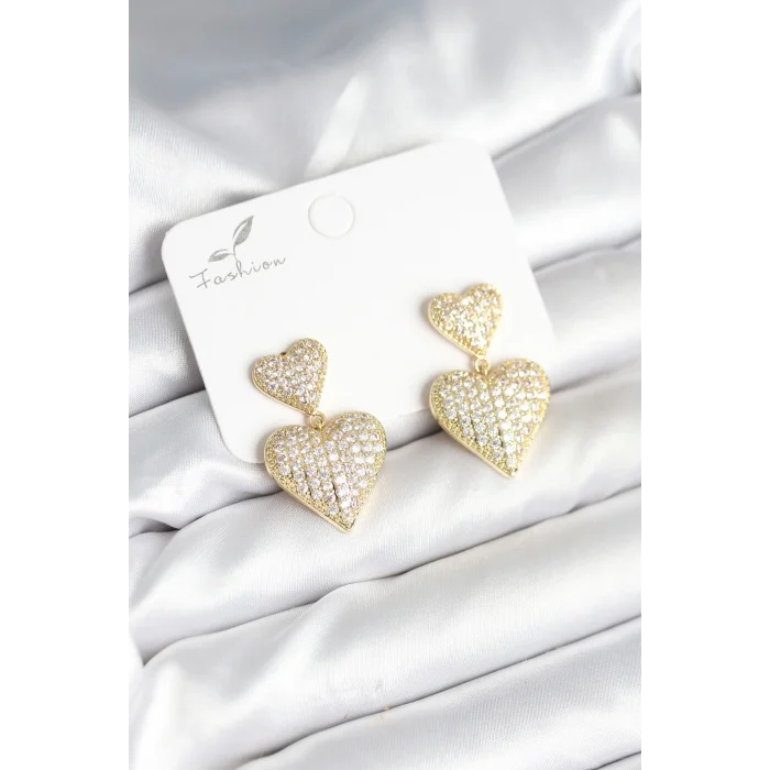 BUĞZ Kalp Model Zirkon Taşlı Gold Renk Pirinç Kadın Küpe