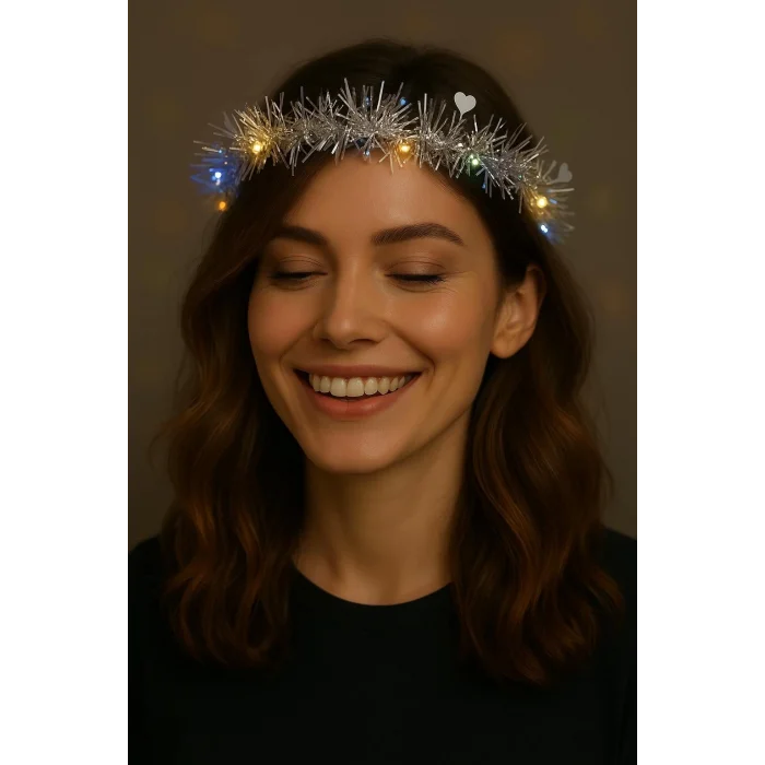  Kalp Püsküllü 3 Modlu LED Işıklı Taç Gümüş Renk