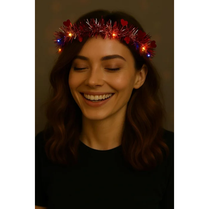 BUĞZ Kalp Püsküllü 3 Modlu LED Işıklı Taç Kırmızı Renk