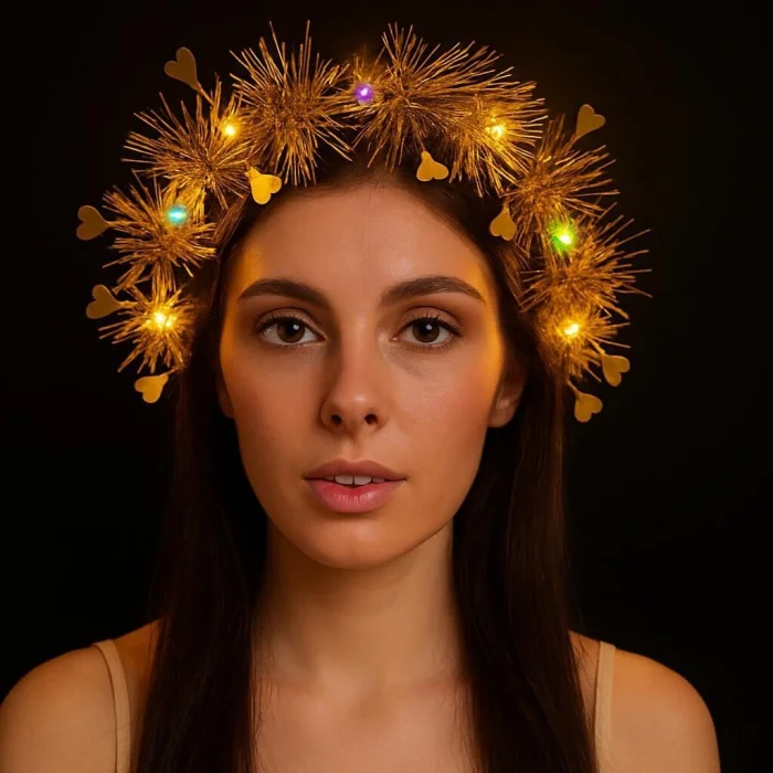 BUĞZ Kalp Püsküllü Gece Parıltısı 3 Modlu LEDli Işıklı Taç Altın Renk