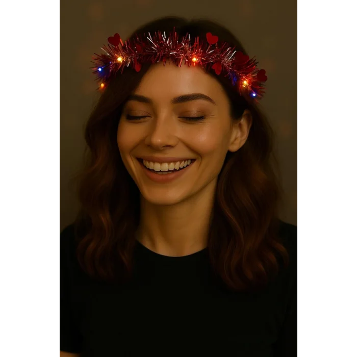 BUĞZ Kalp Püsküllü Gece Parıltısı 3 Modlu LEDli Işıklı Taç Kırmızı Renk