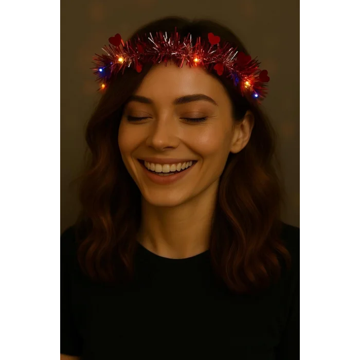 BUĞZ Kalp Püsküllü Gece Parıltısı 3 Modlu Led39li Işıklı Taç Kırmızı Renk