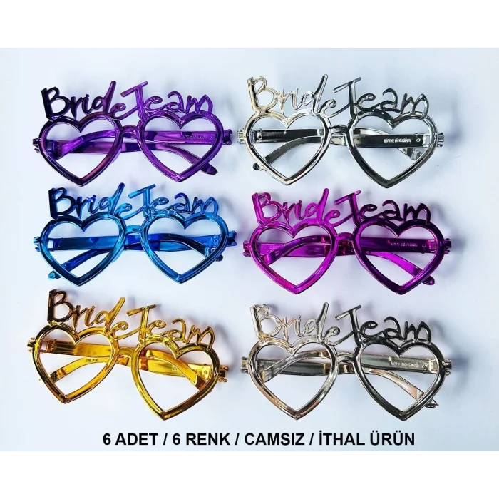 BUĞZ Kalpli Bride Team Gözlük Seti 6 Renk - Kına & Düğün Partileri İçin