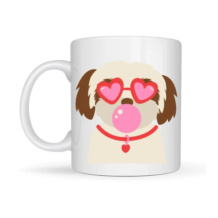 BUĞZ Kalpli Gözlüklü Shih Tzu Tasarımlı Porselen Kupa MODEL 53 – Sevimli Köpek Figürlü Kahve & Çay Kupası