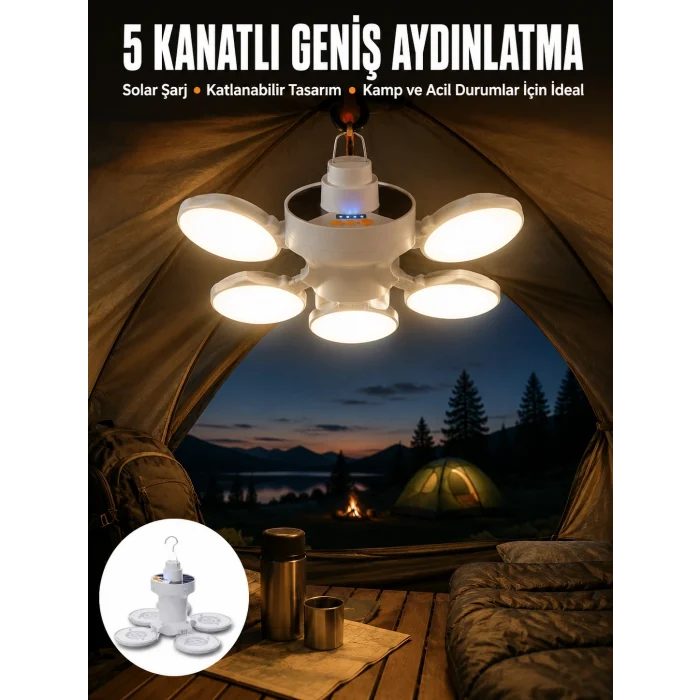 BUĞZ Kamp Lambası Işıldak Beyaz Işık Güneş Enerjili Solar Aydınlatma 5 Kanatlı Katlanabilir Yeni Nesil