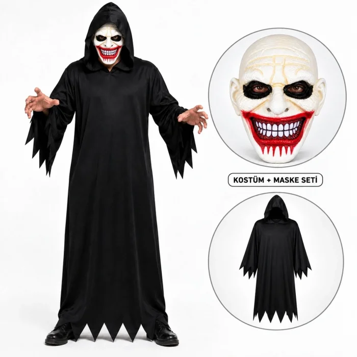 BUĞZ Kanlı Gülüş Maskeli Siyah Kapüşonlu Kostüm Seti 140 Cm