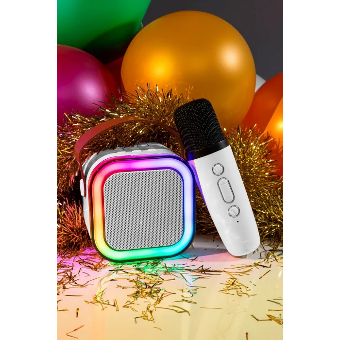 BUĞZ Karaoke Mikrofonlu Beyaz Bluetooth Hoparlör, Taşınabilir Müzik ve Eğlence Sistemi