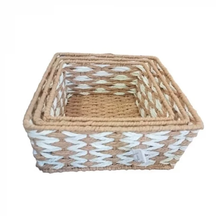  Kare Örgü Desenli Doğal Hasır Sepet Seti - 3lü
