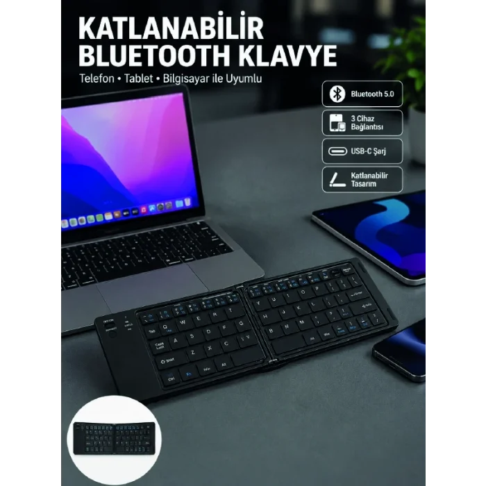 BUĞZ Katlanabilir Bluetooth Klavye 3 Cihaz Bağlantılı Kablosuz Taşınabilir Klavye