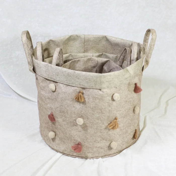  Katlanabilir Çok Amaçlı Ponponlu Yuvarlak Düzenleyici Saklama Kutusu Organizer Keçe Set