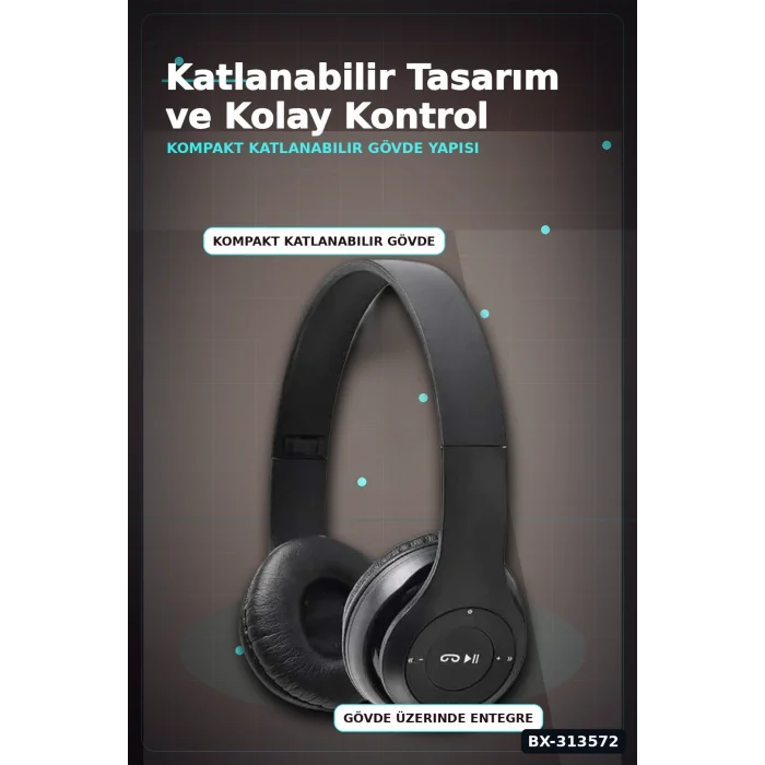 BUĞZ Katlanabilir P47 Bluetooth Kablosuz Kulakustu Kulaklik Mikrofonlu 1 Adet BX-313572
