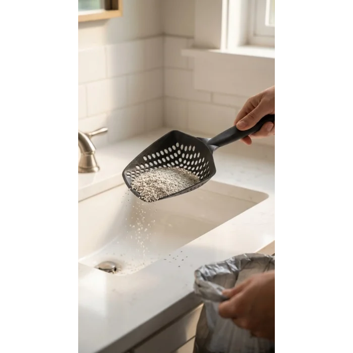 BUĞZ Kedi Kumu Eleme Küreği, Çift Taraflı Tasarımıyla Kum Dağılımını Kontrol Ederken Kullanıcıyı Yormaz