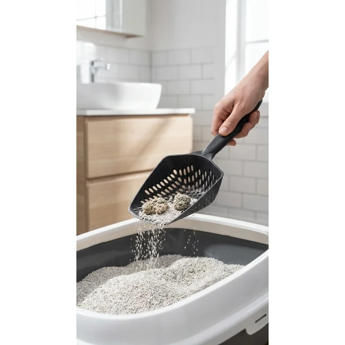 BUĞZ Kedi Kumu Eleme Küreği geniş dişli yapısıyla tüy ve kum ayırımı sağlar evcil hayvanlar için kullanışlı