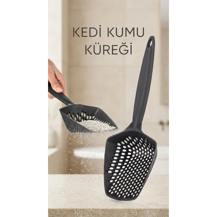 BUĞZ Kedi Kumu Eleme Küreği geniş dişli yapısıyla tüy ve kum ayırımı sağlar evcil hayvanlar için kullanışlı