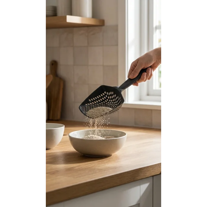 BUĞZ Kedi Kumu Eleme Küreği, Metal gövde ve ince diş yapısıyla hijyenik temizlik amaçlı