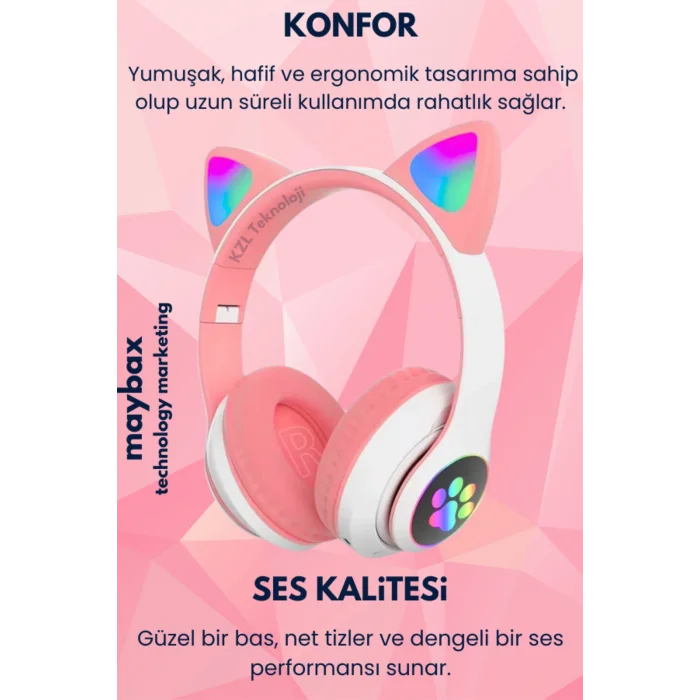 BUĞZ Kedili pembe kulak üstü kulaklık stereo ses ANC mikrofon FM radyo SD kart RGB ışık