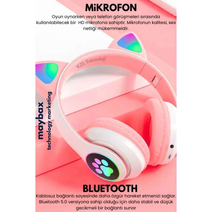 BUĞZ Kedili pembe kulak üstü kulaklık stereo ses ANC mikrofon FM radyo SD kart RGB ışık