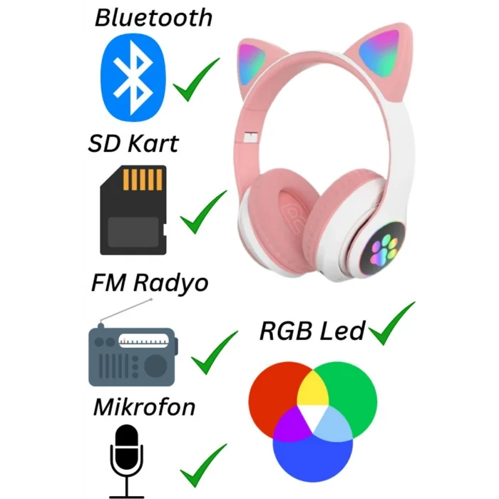 BUĞZ Kedili pembe kulak üstü kulaklık stereo ses ANC mikrofon FM radyo SD kart RGB ışık