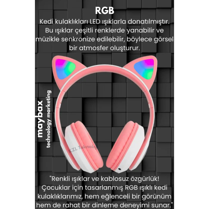 BUĞZ Kedili pembe kulak üstü kulaklık stereo ses ANC mikrofon FM radyo SD kart RGB ışık