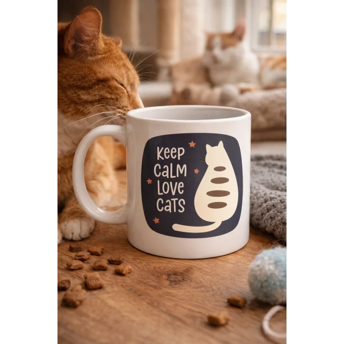 BUĞZ Keep Calm Love Cats Kedi Temalı Porselen Kupa MODEL 56 – Sevimli Tasarım , Kahve & Çay Kupası