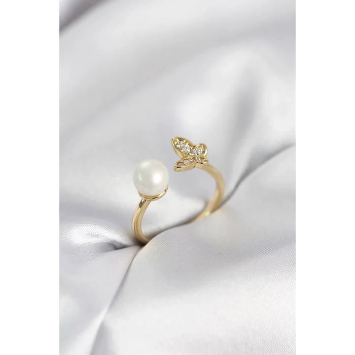 BUĞZ Kelebek İncili Model Gold Renk Zirkon Taşlı Kadın Yüzük