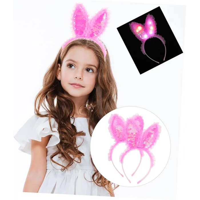  Kenarları Dantelli Fuşya Pullu Payetli Led Işıklı Tavşan Kulak Taç 23x19 cm