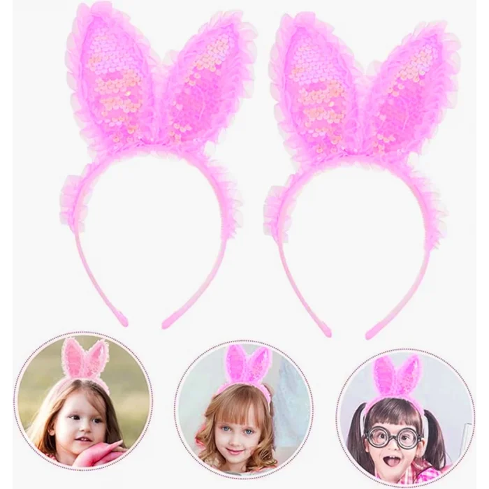  Kenarları Dantelli Fuşya Pullu Payetli Led Işıklı Tavşan Kulak Taç 23x19 cm