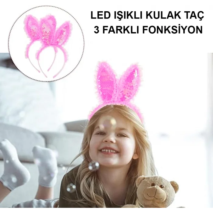  Kenarları Dantelli Fuşya Pullu Payetli Led Işıklı Tavşan Kulak Taç 23x19 cm