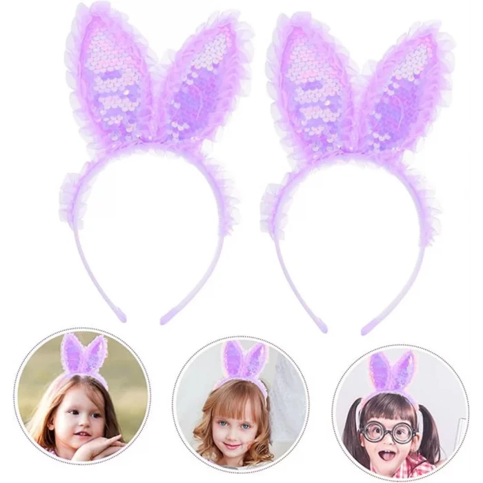  Kenarları Dantelli Mor Pullu Payetli Led Işıklı Tavşan Kulak Taç 23x19 cm