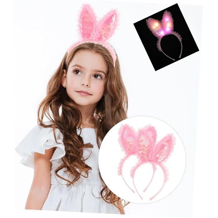  Kenarları Dantelli Pembe Pullu Payetli Led Işıklı Tavşan Kulak Taç 23x19 cm