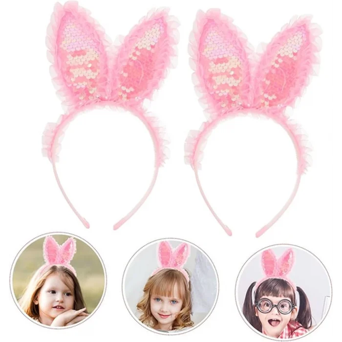  Kenarları Dantelli Pembe Pullu Payetli Led Işıklı Tavşan Kulak Taç 23x19 cm