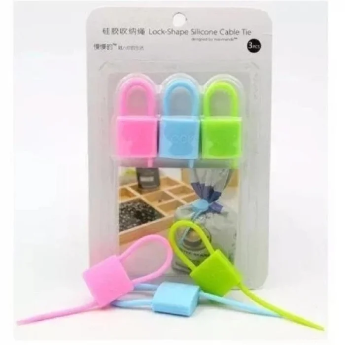  Kilit Şeklinde Silikon Kablo ve Poşet Bağlama Aparatı (3lü Set)