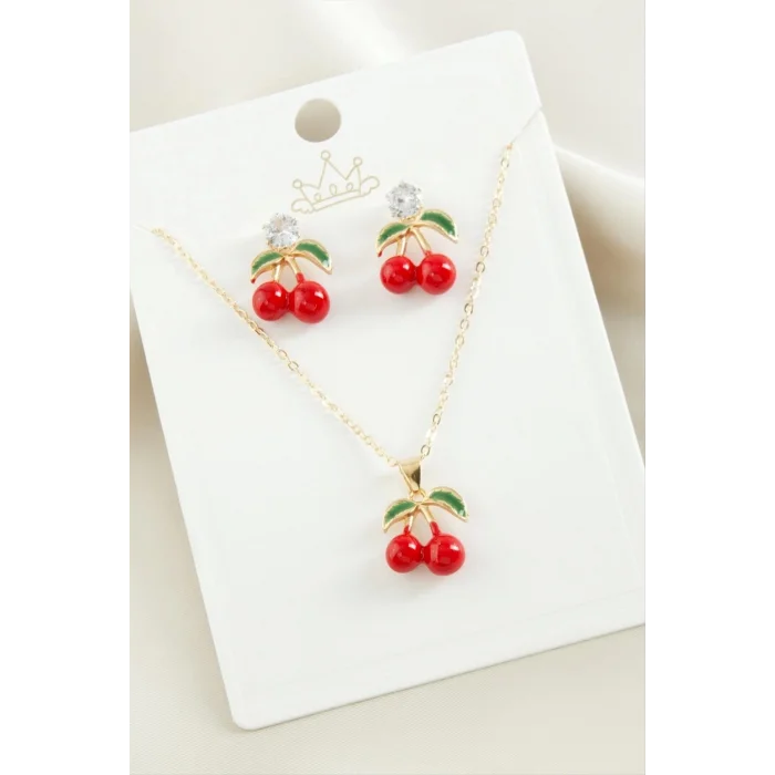  Kiraz Zirkon Taşlı Mineli Set Kolye