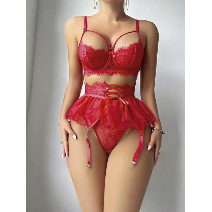 BUĞZ Kırmızı Etek Tül Fantezi Jartiyer Takım 2079