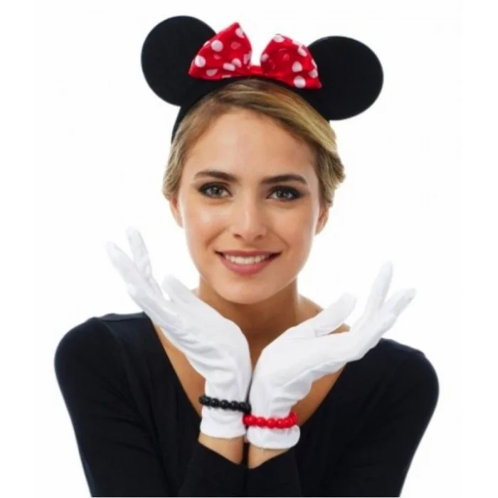 BUĞZ Kırmızı Fiyonklu Minnie Mouse Tacı Ve Beyaz Eldiven Seti