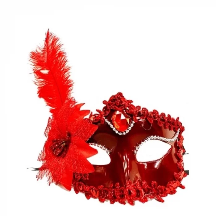  Kırmızı Güllü ve Tüylü Venedik Maskesi