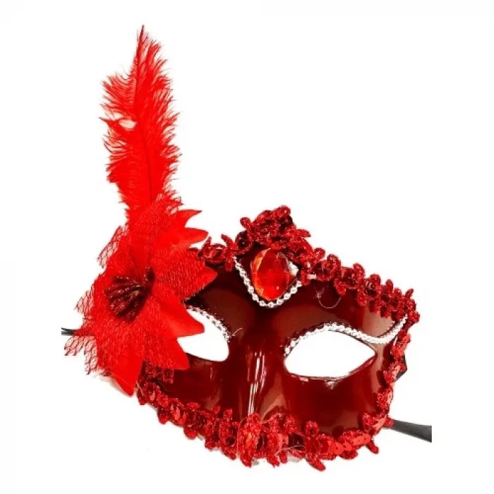  Kırmızı Güllü ve Tüylü Venedik Maskesi