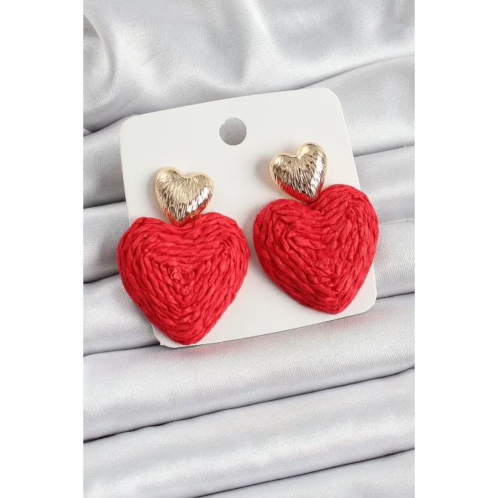 BUĞZ Kırmızı Kalp Figürlü Hasır Örgü Model Gold Renk Kadın Küpe