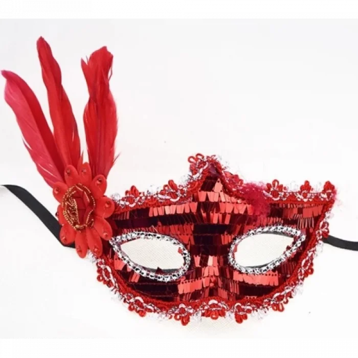 Kırmızı Payetli Pullu Tüylü Parti Maskesi