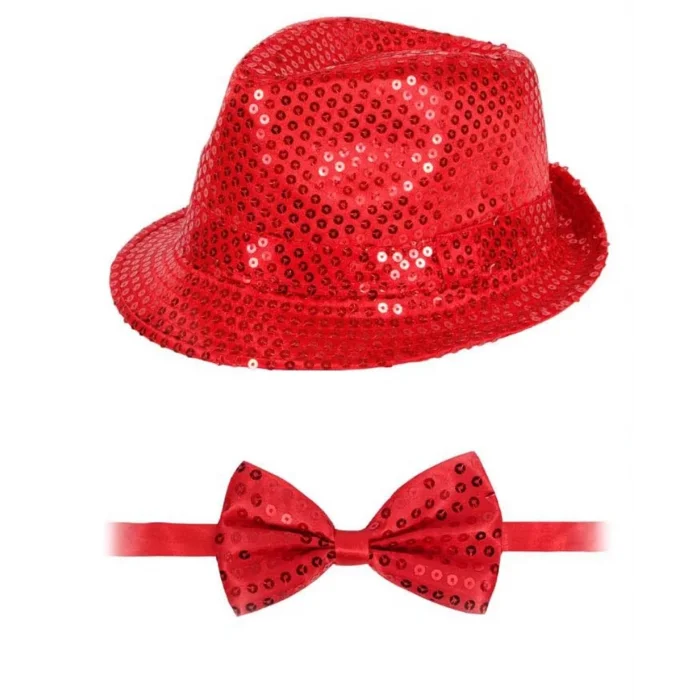 BUĞZ Kırmızı Payetli Şapka Ve Papyon Seti – Parıltılı Yetişkin Kostüm Seti